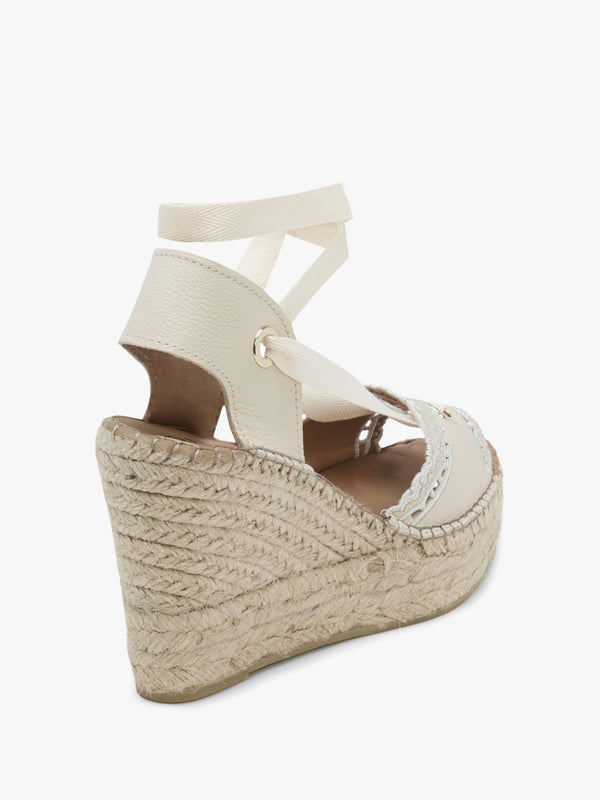 Ilazer White Leather Laser Cut Edge Ankle Tie Wedge Espadrilles