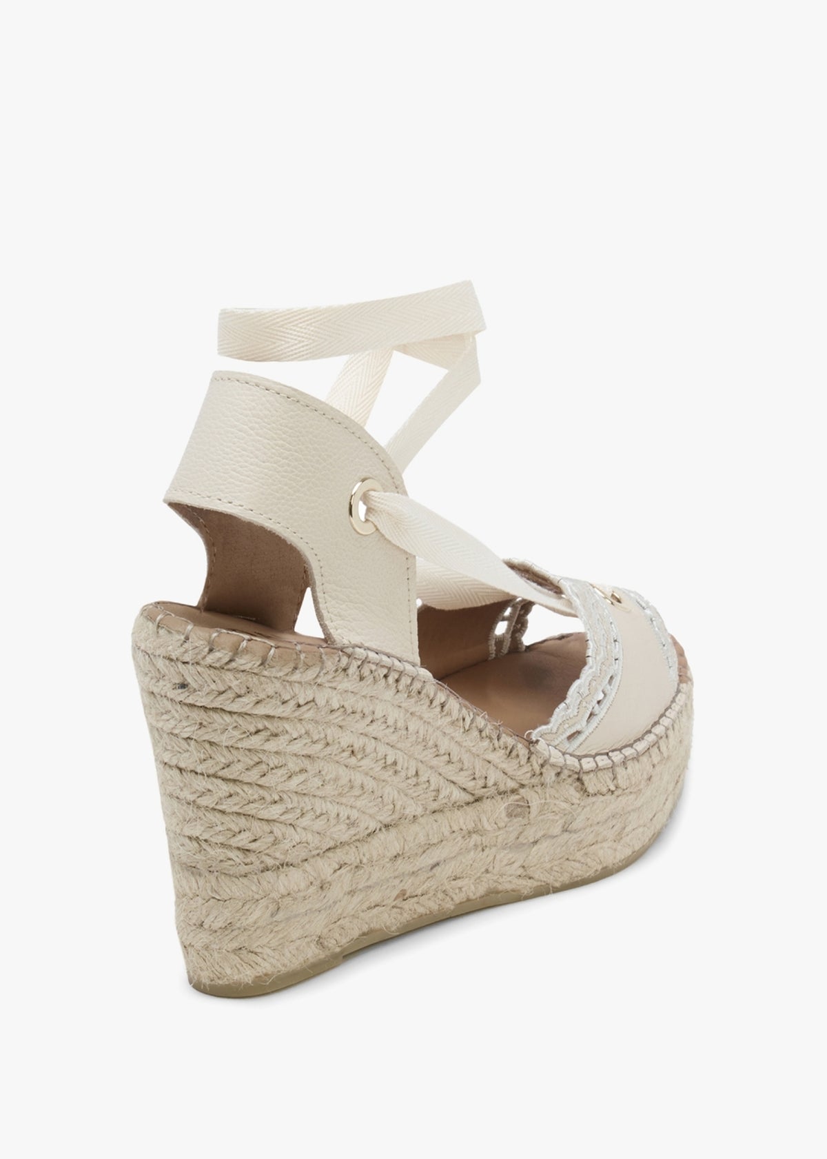Ilazer White Leather Laser Cut Edge Ankle Tie Wedge Espadrilles