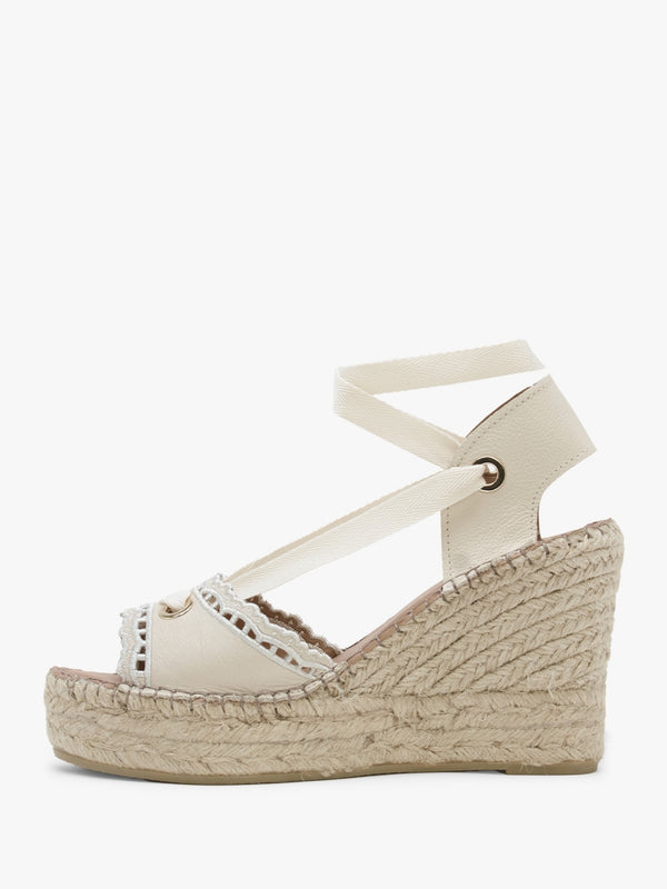Ilazer White Leather Laser Cut Edge Ankle Tie Wedge Espadrilles