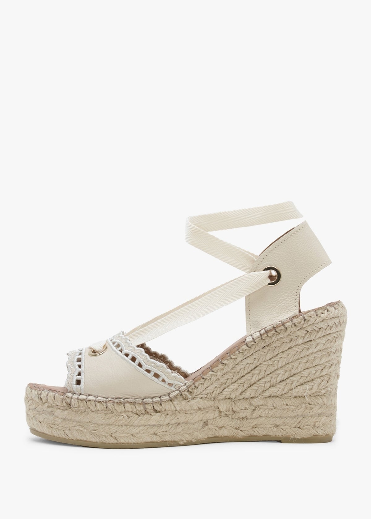 Ilazer White Leather Laser Cut Edge Ankle Tie Wedge Espadrilles