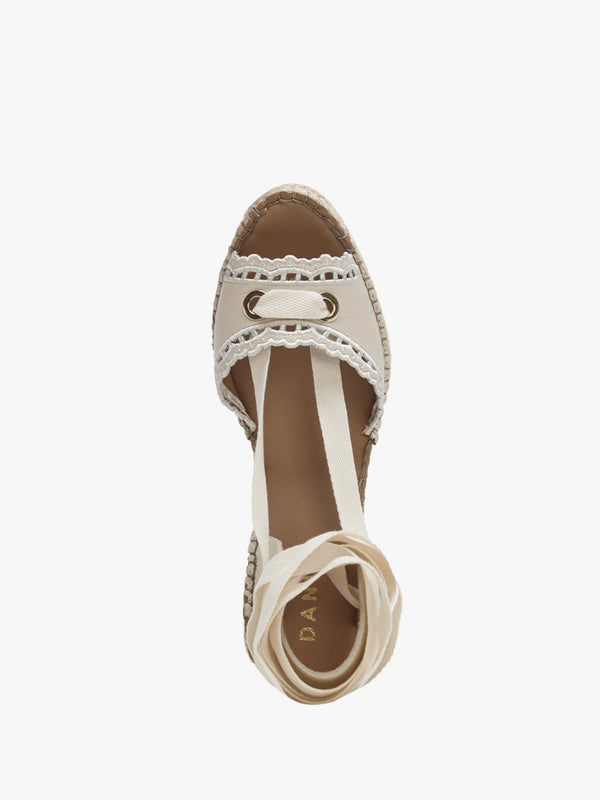 Ilazer White Leather Laser Cut Edge Ankle Tie Wedge Espadrilles