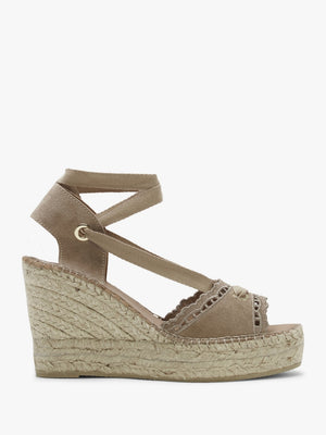 Ilazer Beige Suede Laser Cut Edge Ankle Tie Wedge Espadrilles