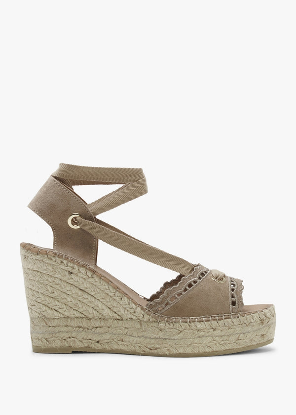 Ilazer Beige Suede Laser Cut Edge Ankle Tie Wedge Espadrilles