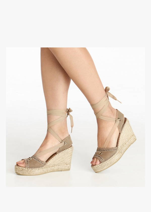 Ilazer Beige Suede Laser Cut Edge Ankle Tie Wedge Espadrilles