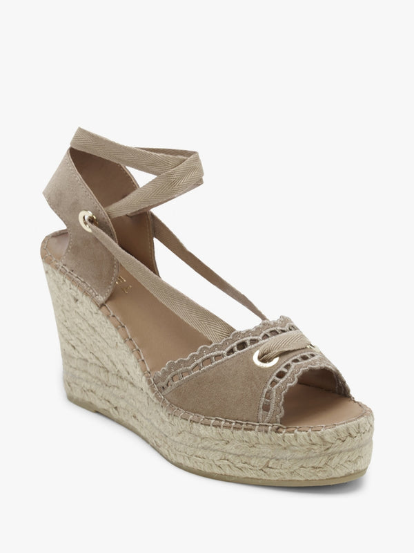 Ilazer Beige Suede Laser Cut Edge Ankle Tie Wedge Espadrilles