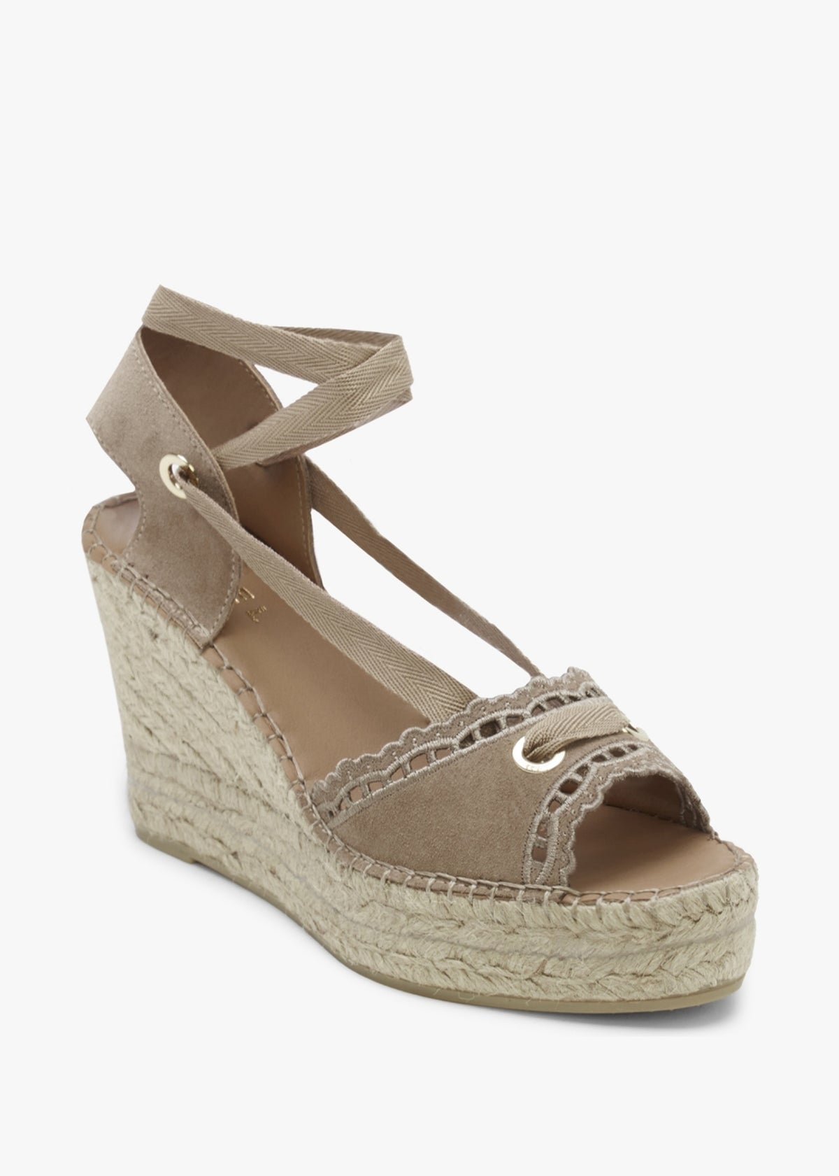 Ilazer Beige Suede Laser Cut Edge Ankle Tie Wedge Espadrilles