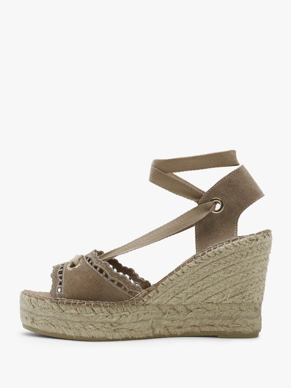 Ilazer Beige Suede Laser Cut Edge Ankle Tie Wedge Espadrilles