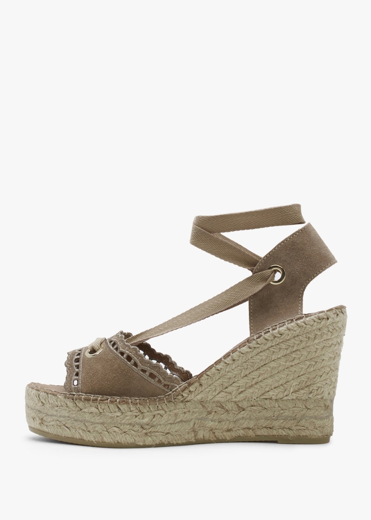 Ilazer Beige Suede Laser Cut Edge Ankle Tie Wedge Espadrilles
