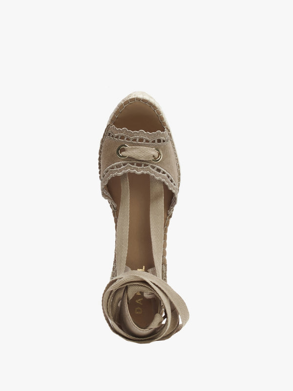 Ilazer Beige Suede Laser Cut Edge Ankle Tie Wedge Espadrilles