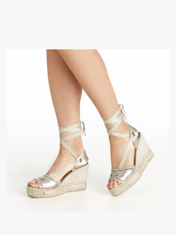 Ilazer Gold Leather Laser Cut Edge Ankle Tie Wedge Espadrilles