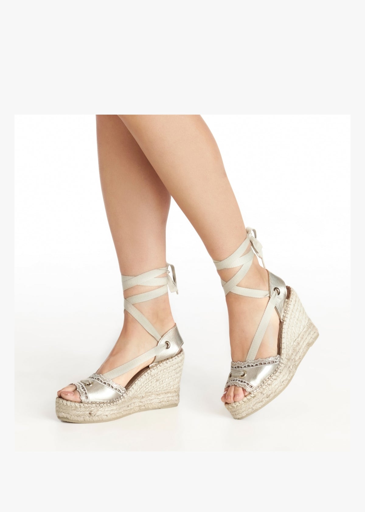 Ilazer Gold Leather Laser Cut Edge Ankle Tie Wedge Espadrilles