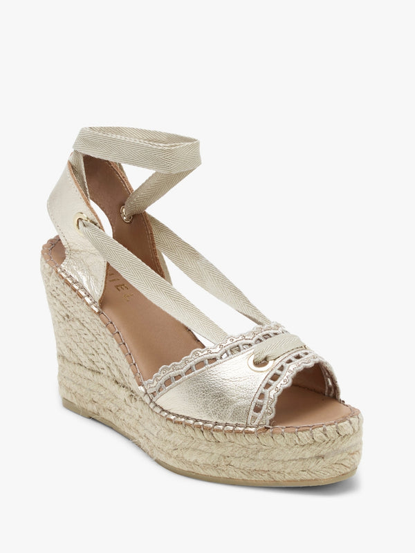 Ilazer Gold Leather Laser Cut Edge Ankle Tie Wedge Espadrilles