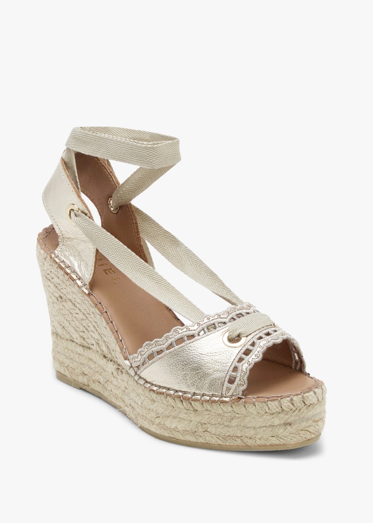 Ilazer Gold Leather Laser Cut Edge Ankle Tie Wedge Espadrilles