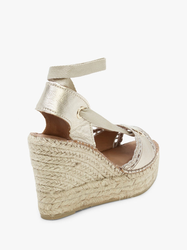 Ilazer Gold Leather Laser Cut Edge Ankle Tie Wedge Espadrilles