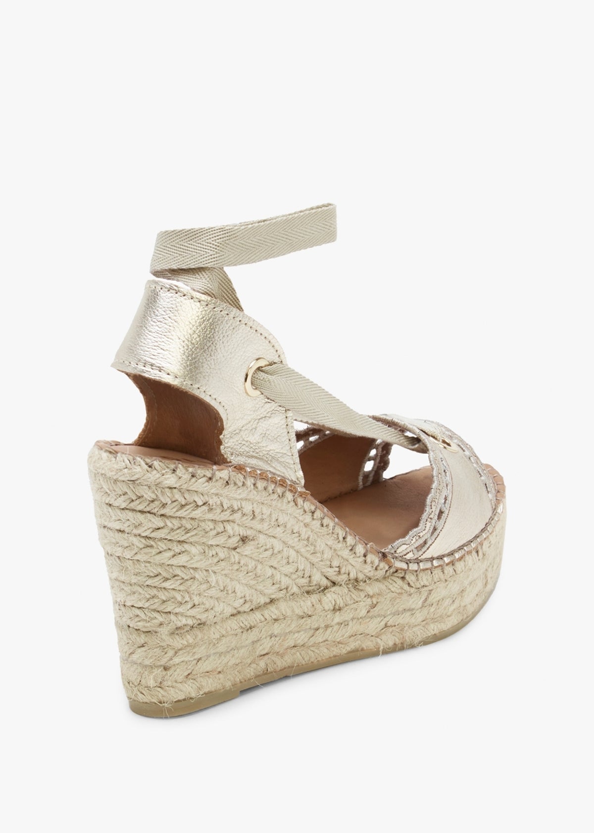 Ilazer Gold Leather Laser Cut Edge Ankle Tie Wedge Espadrilles