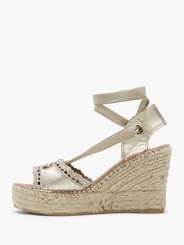 Ilazer Gold Leather Laser Cut Edge Ankle Tie Wedge Espadrilles