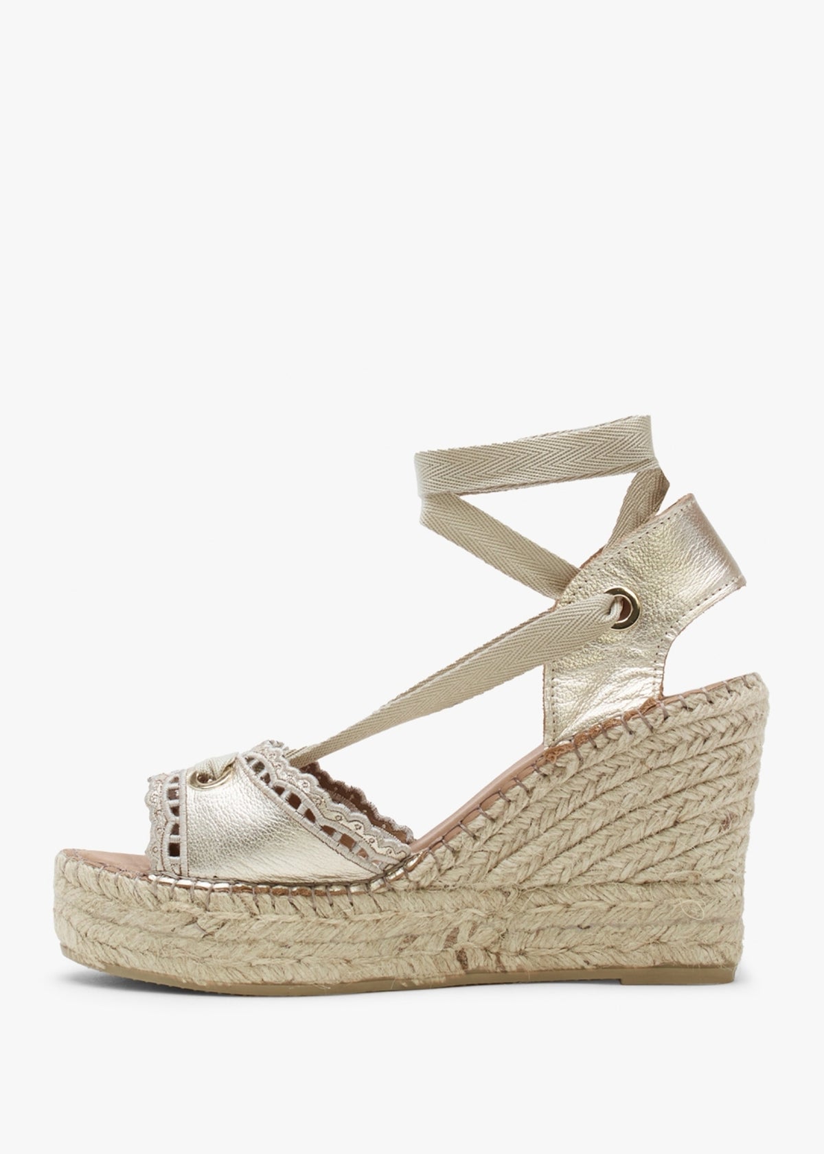 Ilazer Gold Leather Laser Cut Edge Ankle Tie Wedge Espadrilles