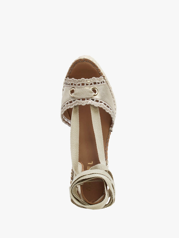 Ilazer Gold Leather Laser Cut Edge Ankle Tie Wedge Espadrilles