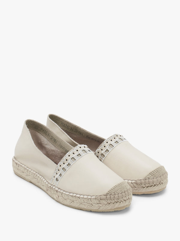 Ilazer Beige Leather Laser Cut Edge Flat Espadrilles