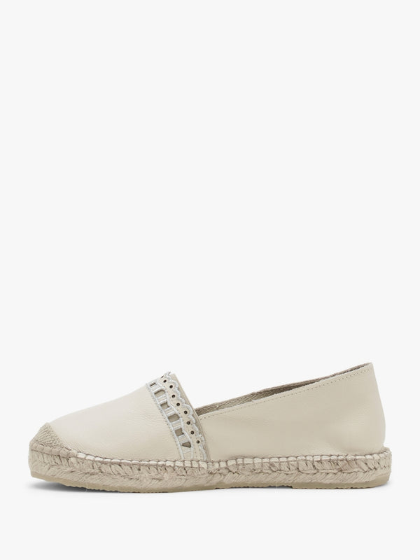 Ilazer Beige Leather Laser Cut Edge Flat Espadrilles