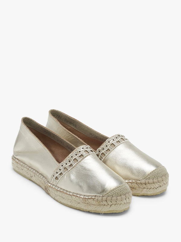 Ilazer Gold Leather Laser Cut Edge Flat Espadrilles