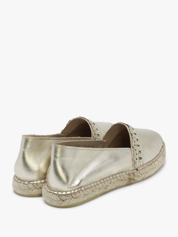 Ilazer Gold Leather Laser Cut Edge Flat Espadrilles