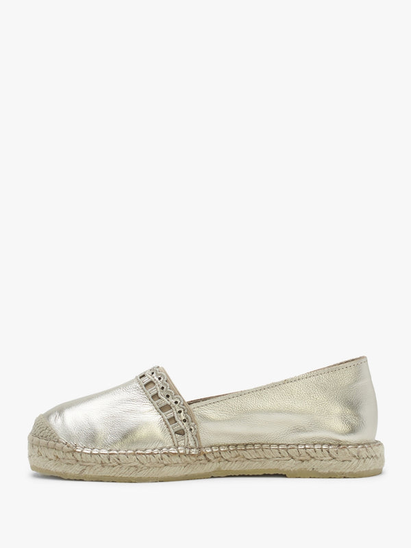 Ilazer Gold Leather Laser Cut Edge Flat Espadrilles