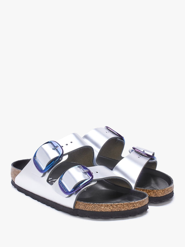Arizona Big Buckle Metallic Silver Leather Two Bar Mules
