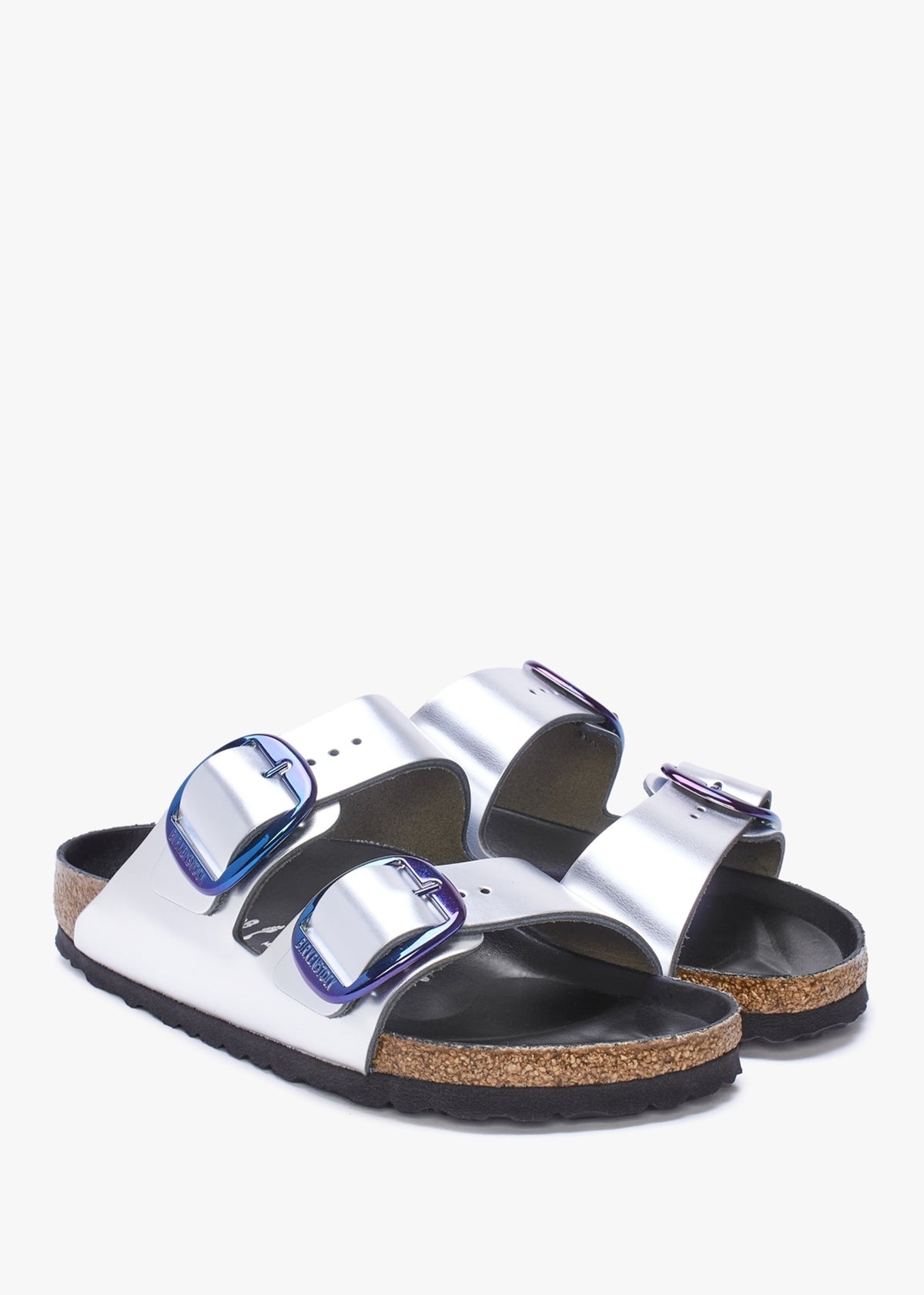 Arizona Big Buckle Metallic Silver Leather Two Bar Mules