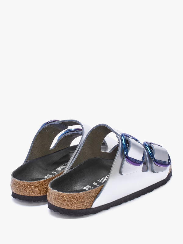 Arizona Big Buckle Metallic Silver Leather Two Bar Mules