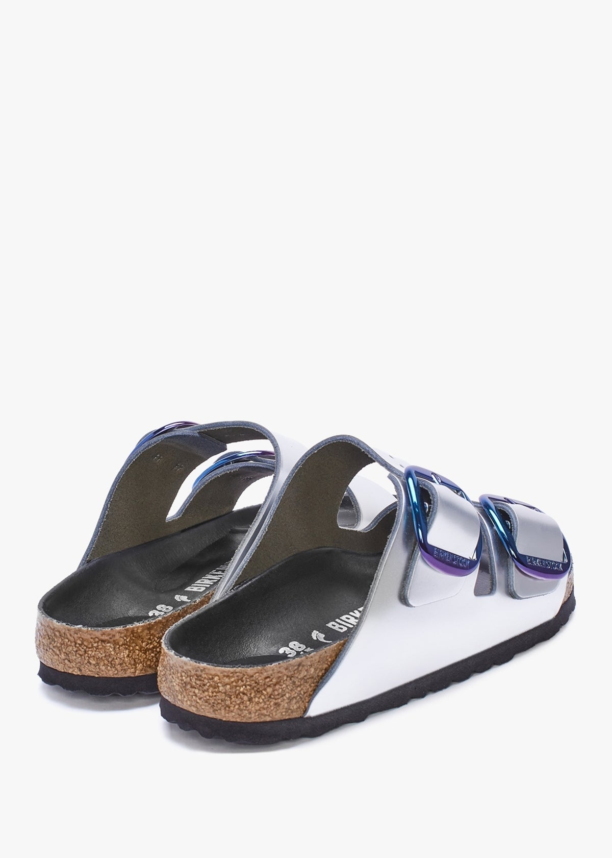 Arizona Big Buckle Metallic Silver Leather Two Bar Mules