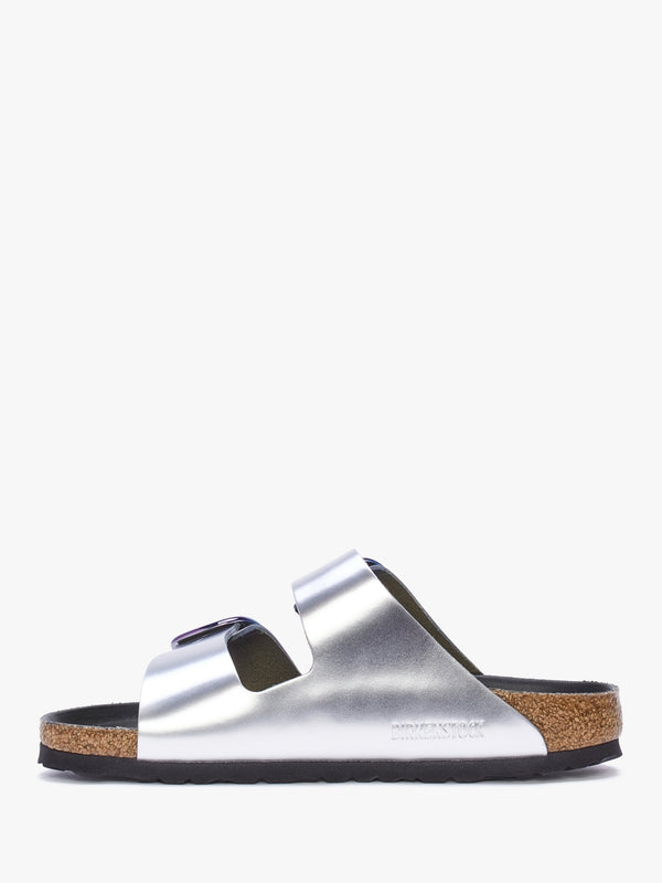 Arizona Big Buckle Metallic Silver Leather Two Bar Mules