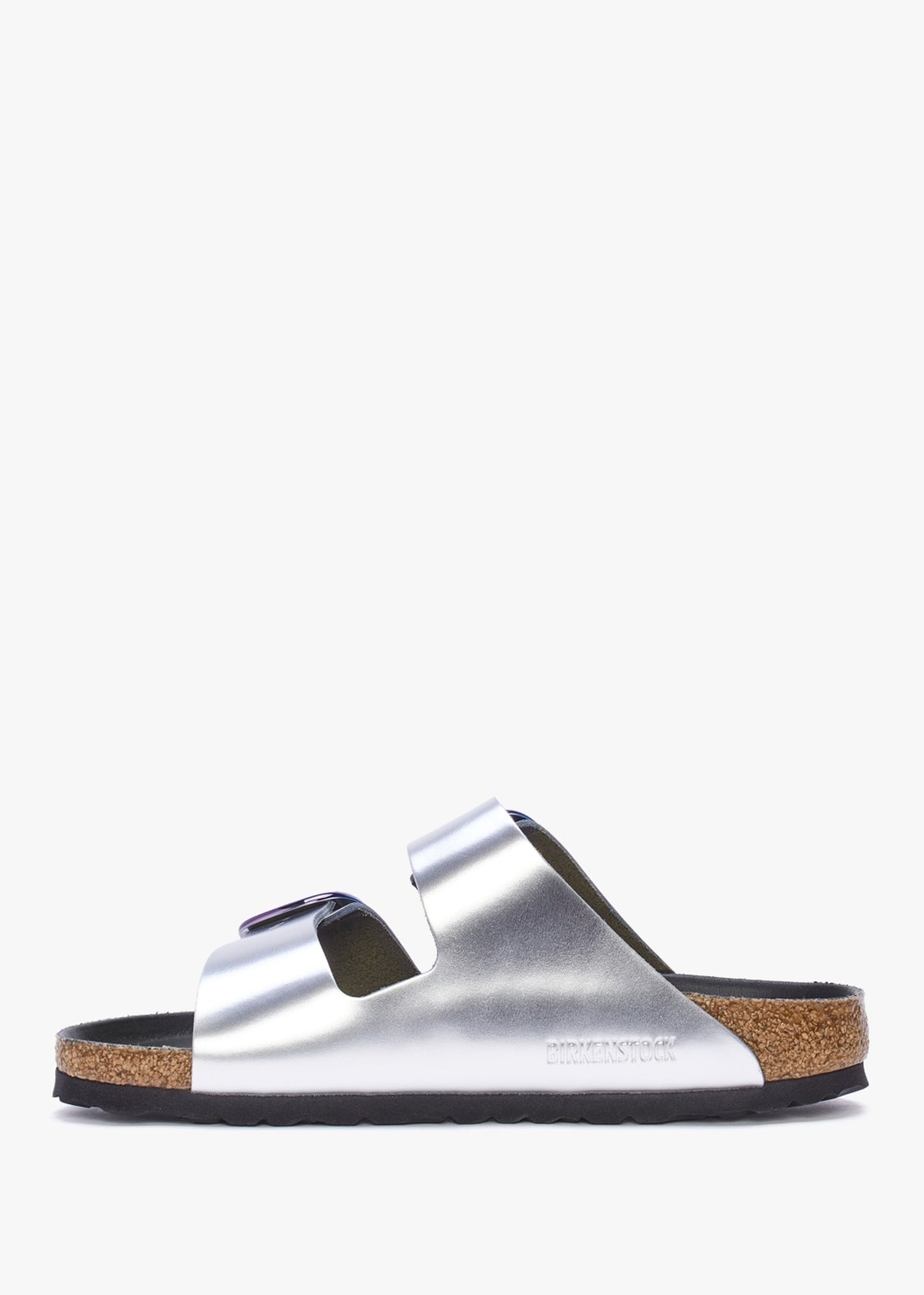 Arizona Big Buckle Metallic Silver Leather Two Bar Mules