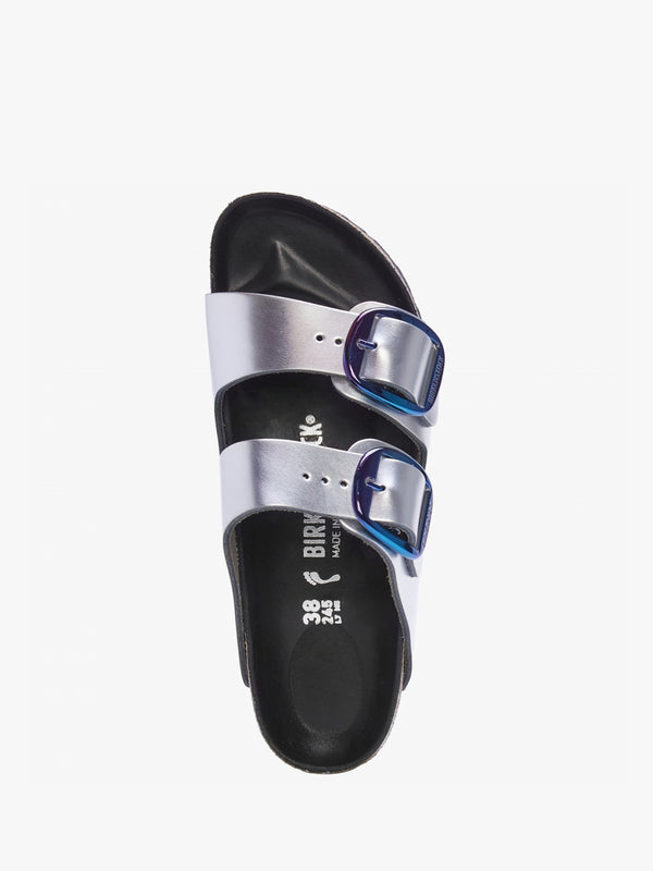 Arizona Big Buckle Metallic Silver Leather Two Bar Mules