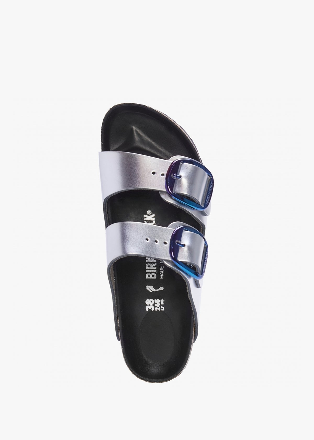 Arizona Big Buckle Metallic Silver Leather Two Bar Mules