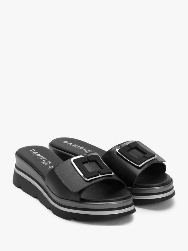Rebuck Black Leather Buckle Detail Mules