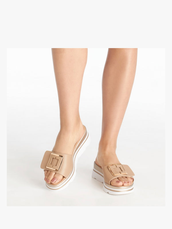 Rebuck Beige Leather Buckle Detail Mules