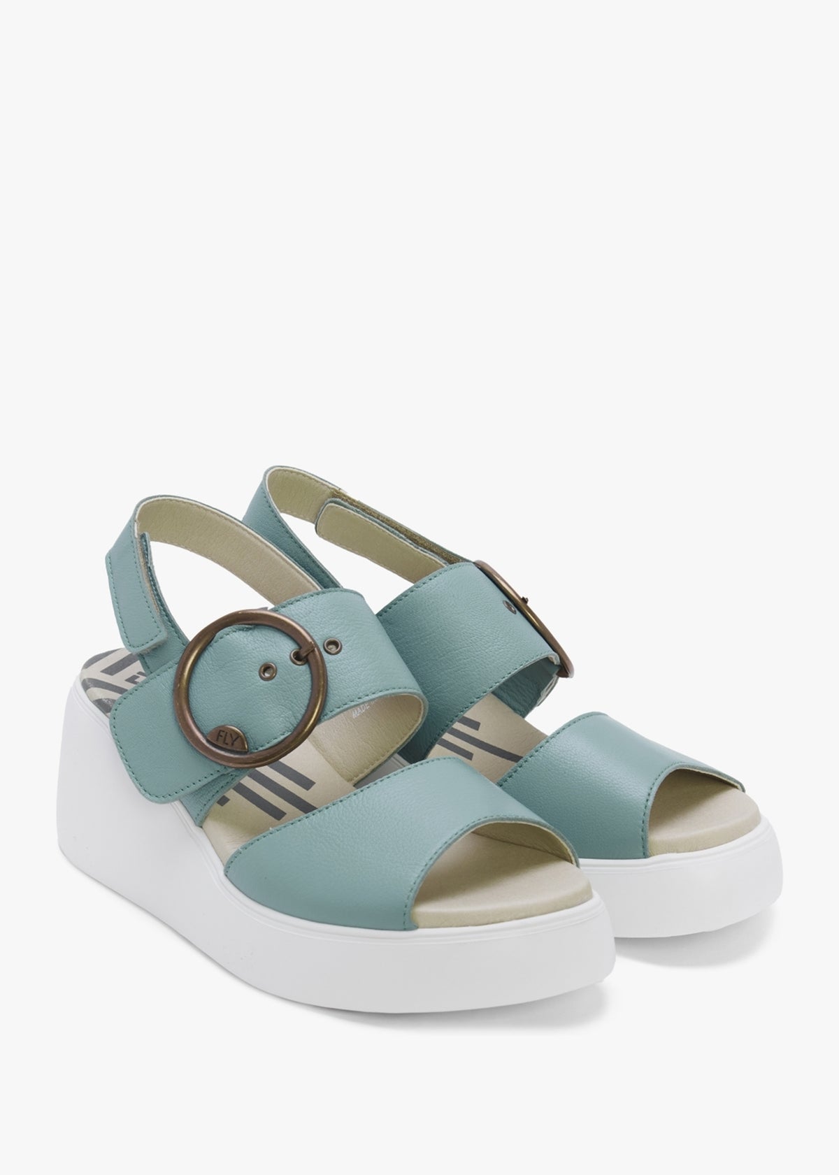 Digo Turquoise Leather Big Buckle Wedge Sandals
