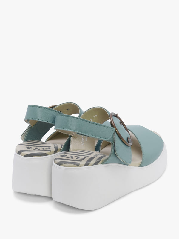 Digo Turquoise Leather Big Buckle Wedge Sandals