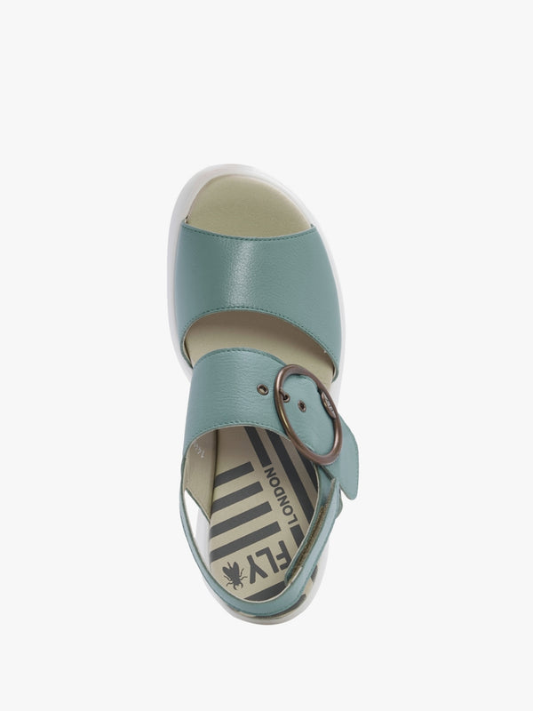 Digo Turquoise Leather Big Buckle Wedge Sandals