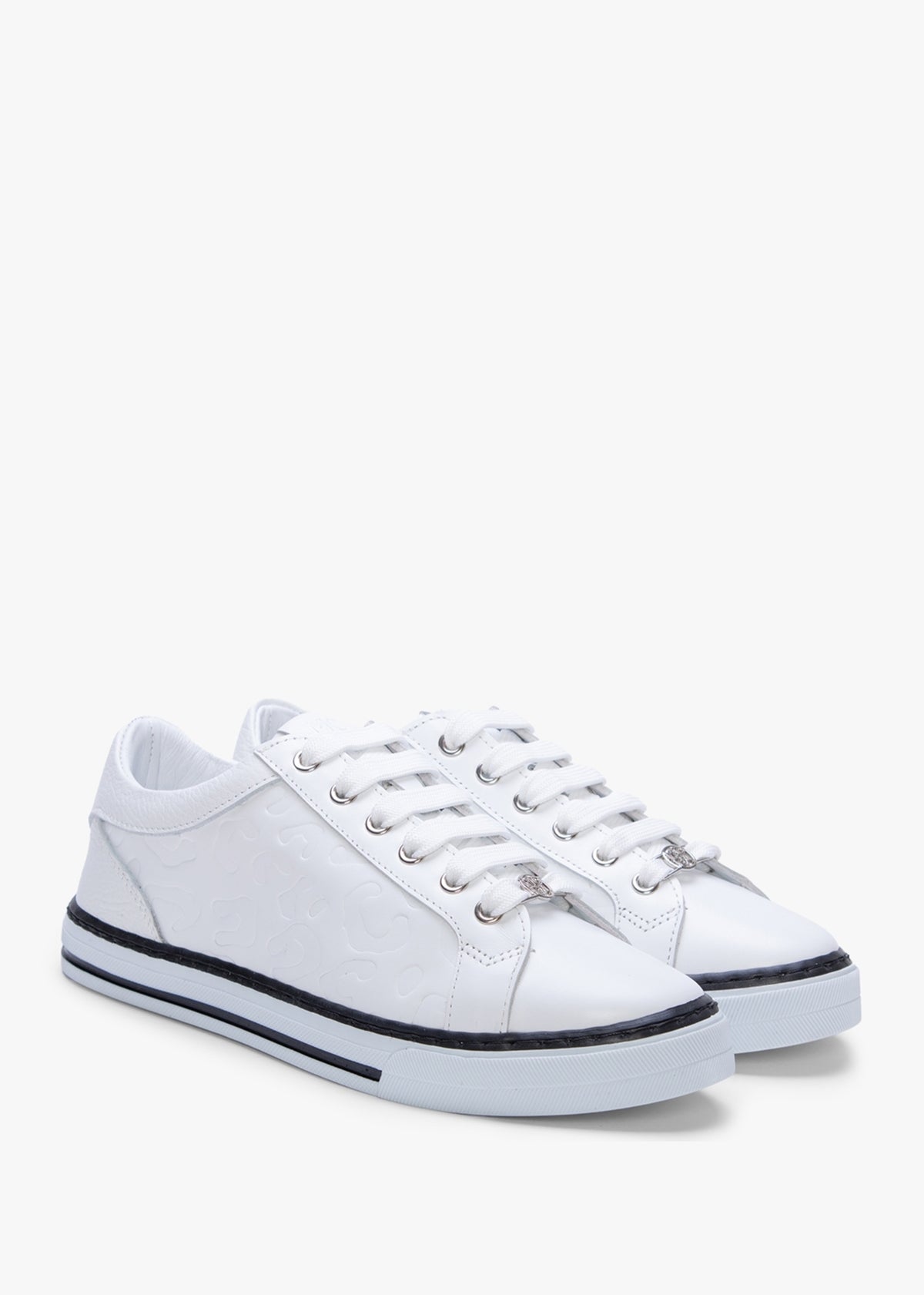 Arelie White Leather Embossed Leopard Print Trainers