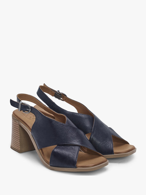 Lorilla Navy Leather Cross Over Block Heel Sandals