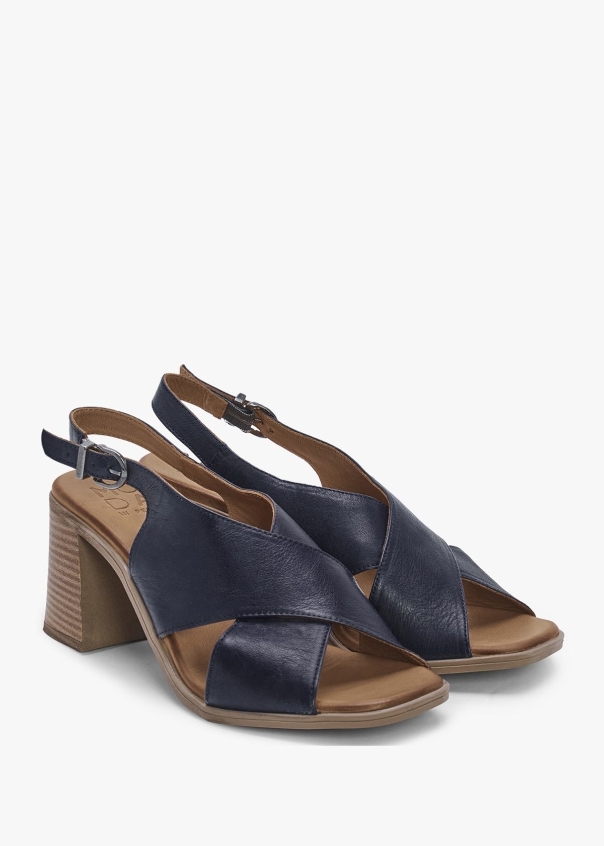 Lorilla Navy Leather Cross Over Block Heel Sandals