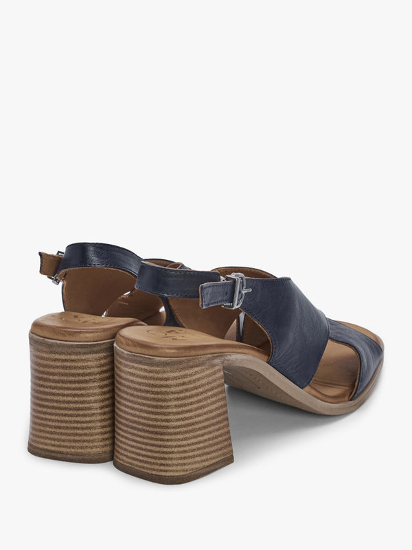 Lorilla Navy Leather Cross Over Block Heel Sandals