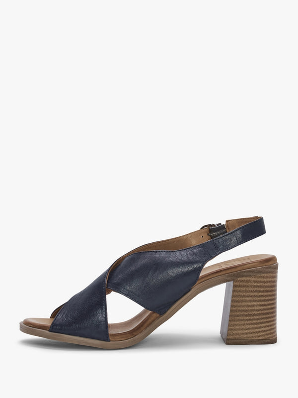 Lorilla Navy Leather Cross Over Block Heel Sandals