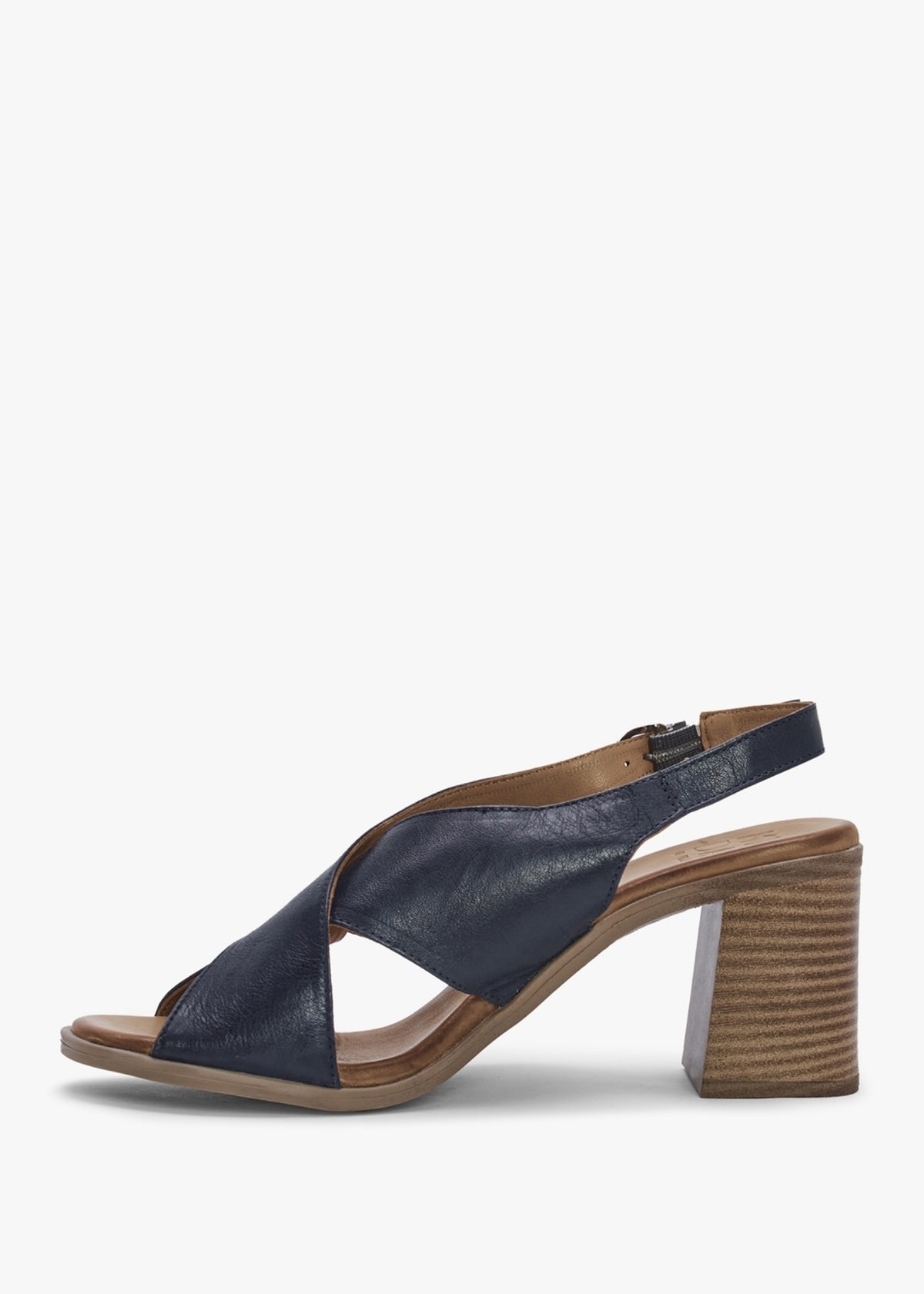 Lorilla Navy Leather Cross Over Block Heel Sandals