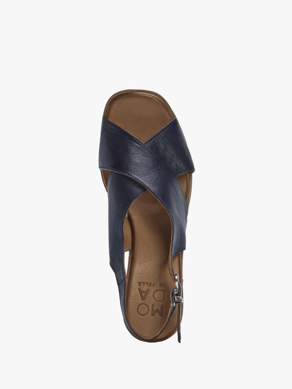 Lorilla Navy Leather Cross Over Block Heel Sandals