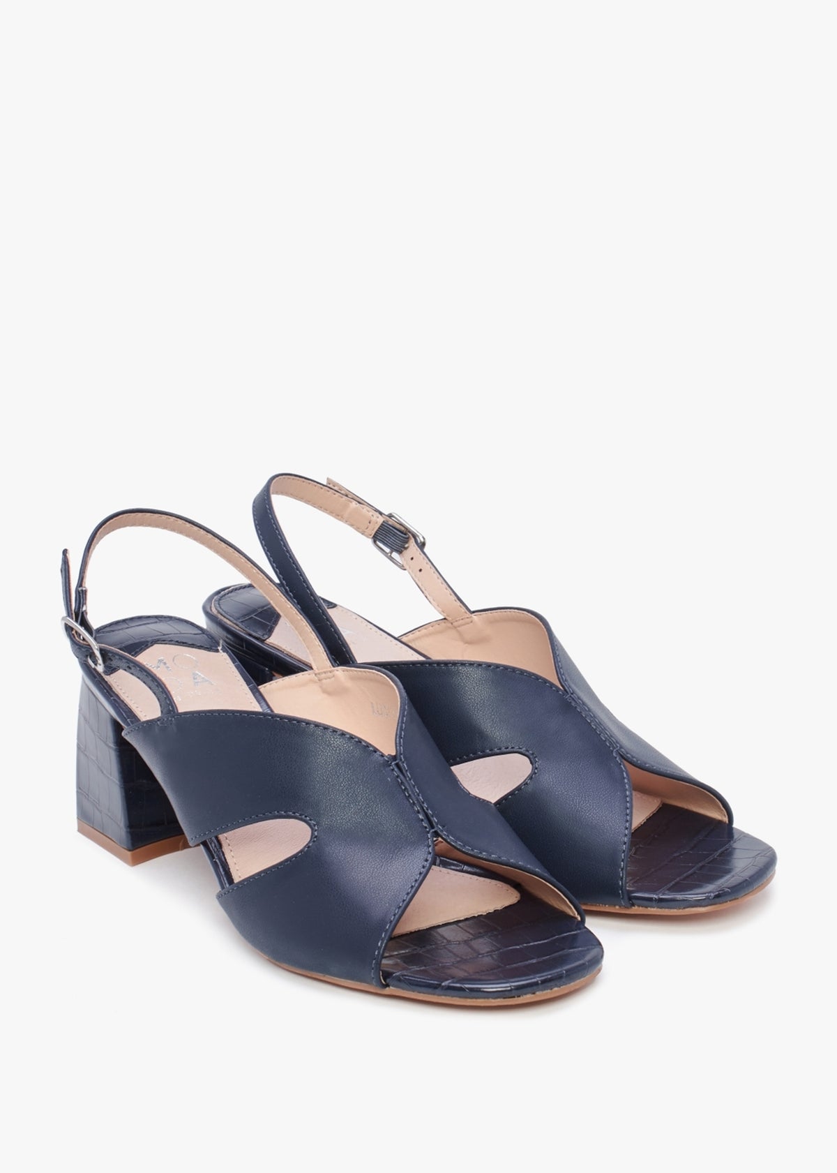 Lusiya Navy V Front Block Heel Sandals