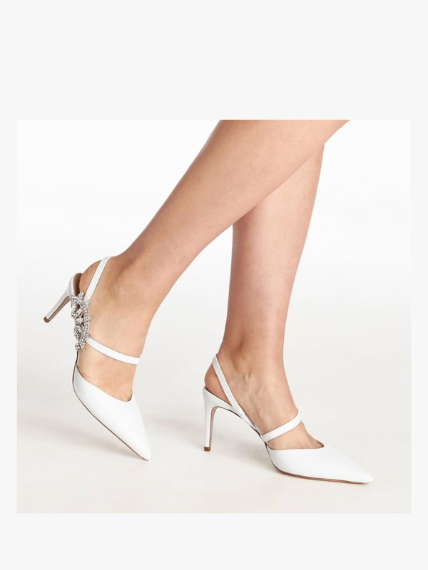 Tidy White Leather Jewelled Heel Pumps