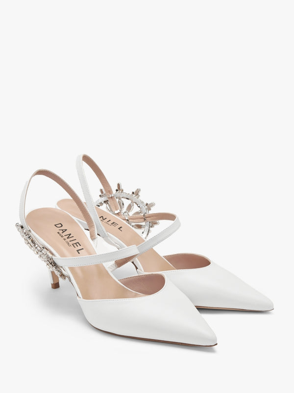 Tidy White Leather Jewelled Heel Pumps